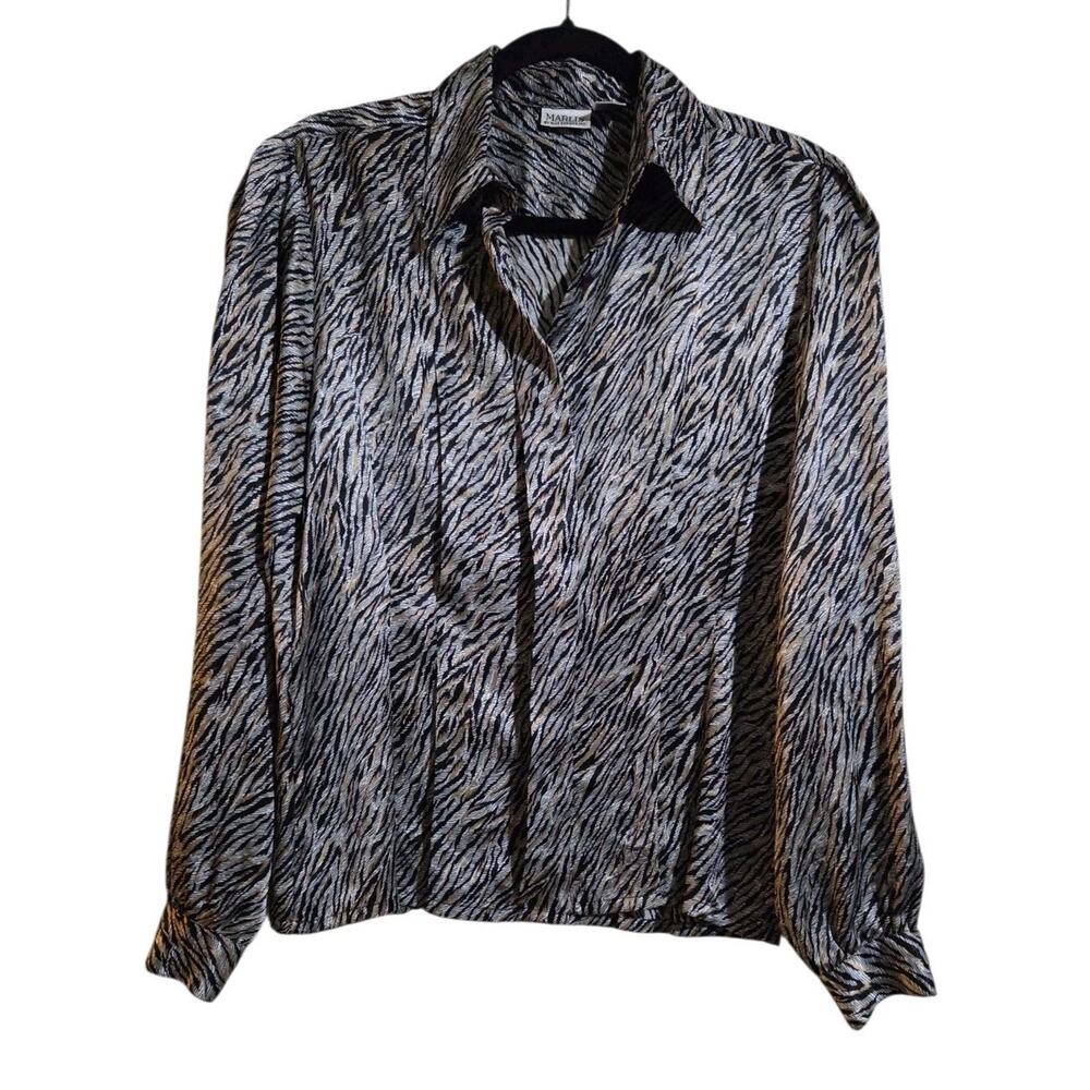 Vintage Marlis By Elle Designs Tiger Animal Print Long Sleeve Blouse Sz 10 Caree